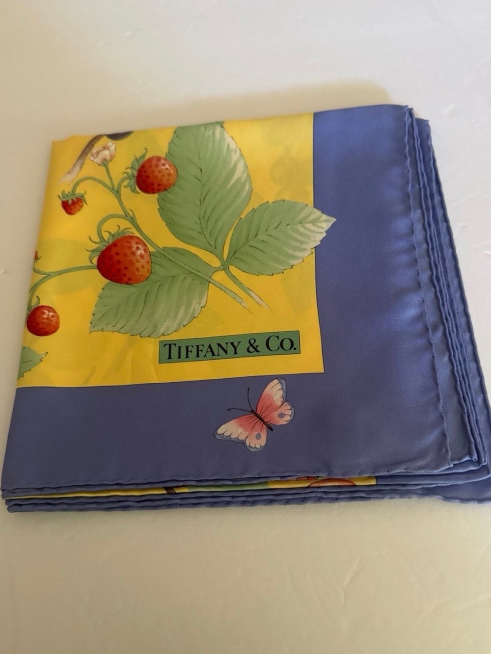 Tiffany & Co. Silk Scarf with Yellow Strawberry Motif and Lavender Border NWT